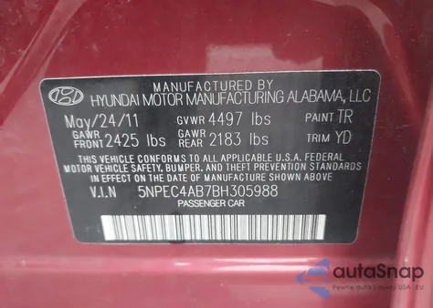 2011 Hyundai Sonata Limited 2.0T из США, поврежденный, VIN 5NPEC4AB7BH305988